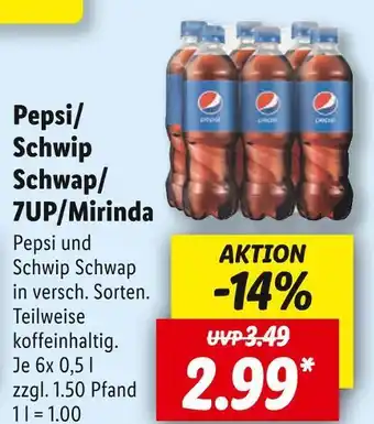 Lidl Pepsi, schwip schwap, 7up oder mirinda softdrinks Angebot