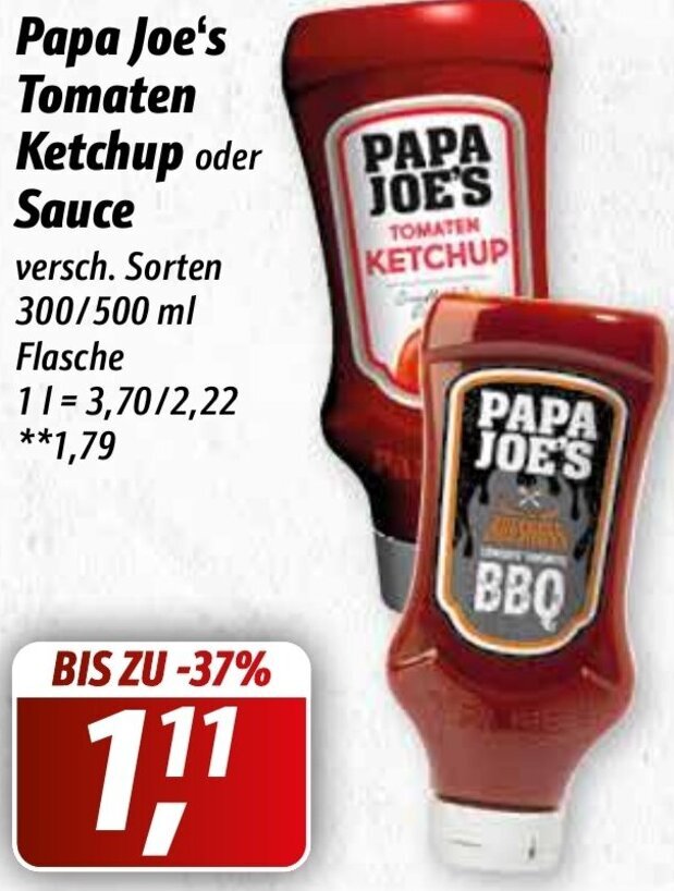 Papa Joe's Tomaten Ketchup oder Sauce 300/500 ml Flasche Angebot bei Simmel
