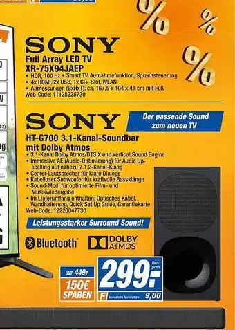 HEM Expert Sony full array led tv xr-75x94jaep + hit-g700 3.1-kanal-soundbar mit dolby atmos Angebot