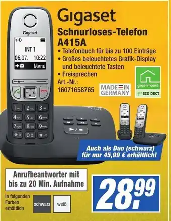 Expert Technomarkt Gigaset Schnurloses Telefon A4154 Angebot