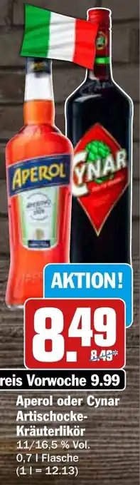 AEZ Aperol oder Cynar Artischocke Kräuterlikör 0,7 L Flasche Angebot