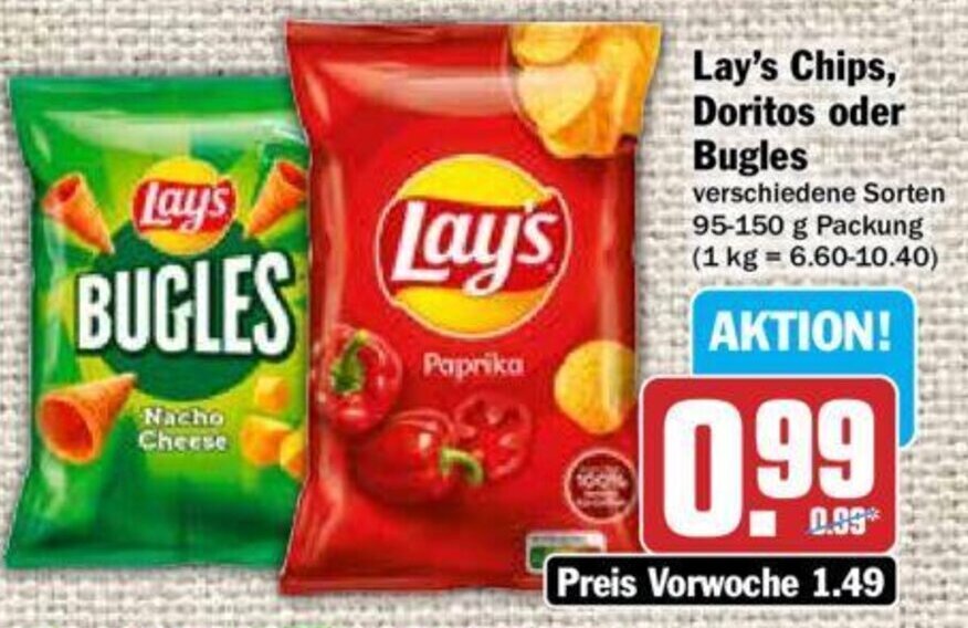 Lay's Chips, Doritos oder Bugles 95150 g Packung Angebot bei Hit