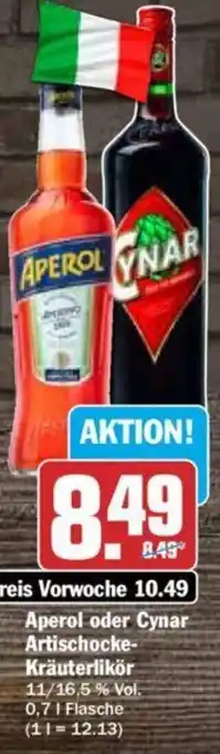 Hit Aperol oder Cynar Artischocke Kräuterlikör 0,7 L Flasche Angebot