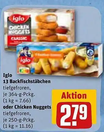 REWE Iglo 13 backfischstäbchen oder chicken nuggets Angebot