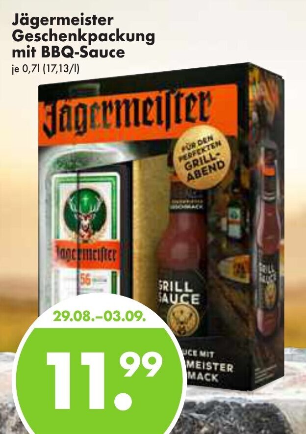 Jägermeister Geschenkpackung mit BBQSauce 0,7l Angebot bei Trink und Spare