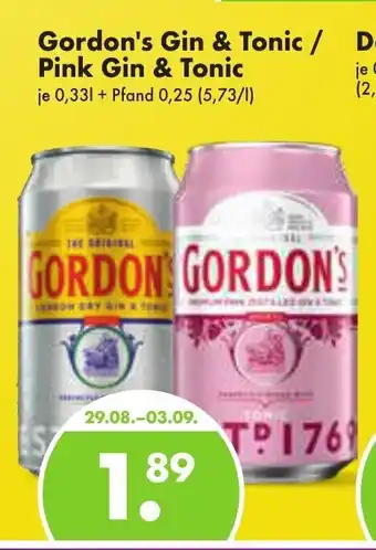 Trink und Spare Gordon's Gin & Tonic / Pink Gin & Tonic 0,33l + 0,25 Angebot