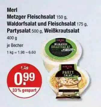 V Markt Merl metzger fleischsalat, waldorfsalat und fleischsalat, partysalat oder weißkrautsalat Angebot