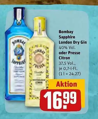 REWE Kaufpark Bombay sapphire london dry gin oder presse citron Angebot