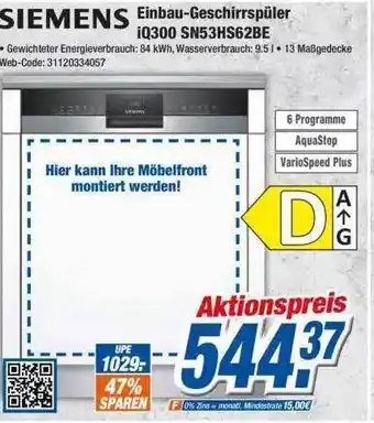 Expert Klein Siemens einbau-geschirrspüler iq300 sn53hs62be Angebot