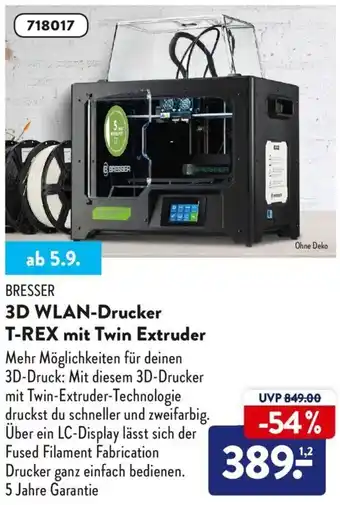 Aldi Nord Bresser 3D WLAN Drucker T-Rex mit Twin Extruder Angebot