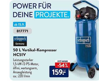 Aldi Süd Scheppach 50 l vertikal-kompressor hc51v Angebot