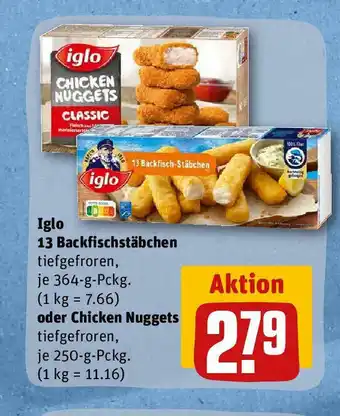 REWE Iglo 13 Backfischstabchen 364g o. Chicken Nuggets 250g Angebot