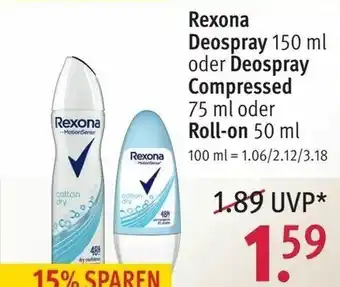 Rossmann Rexona Deospray 150ml oder Deospray Compressed 75ml oder Roll-on 50ml Angebot