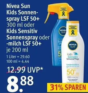 Rossmann Nivea Sun Kids Sonnenspray LSF 50+ 300ml oder Kids Sensitiv Sonnenspray oder milch LSF 50+ Angebot