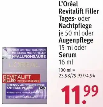 Rossmann L'oréal Revitalift Filler Tages oder Nachtpflege 50ml oder Augenpflege 15ml oder Serum 16ml Angebot