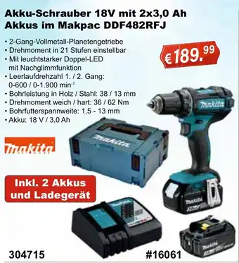 Stabilo Fachmarkt Makita Akku Schrauber 18V mit 2x3,0 Ah Akkus im Makpac DDF482RFJ Angebot