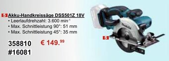 Stabilo Fachmarkt Makita Akku Handkreissäge DSS501Z 18V Angebot