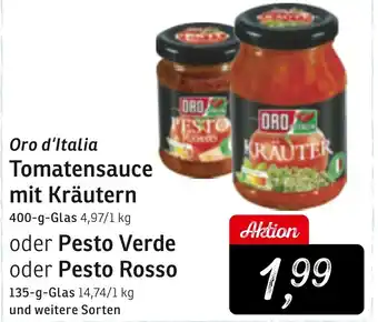 KONSUM Oro d'Italia Tomatensauce mit Kräutern 400 g Glas oder Pesto Verde oder Pesto Rosso 135 g Glas Angebot