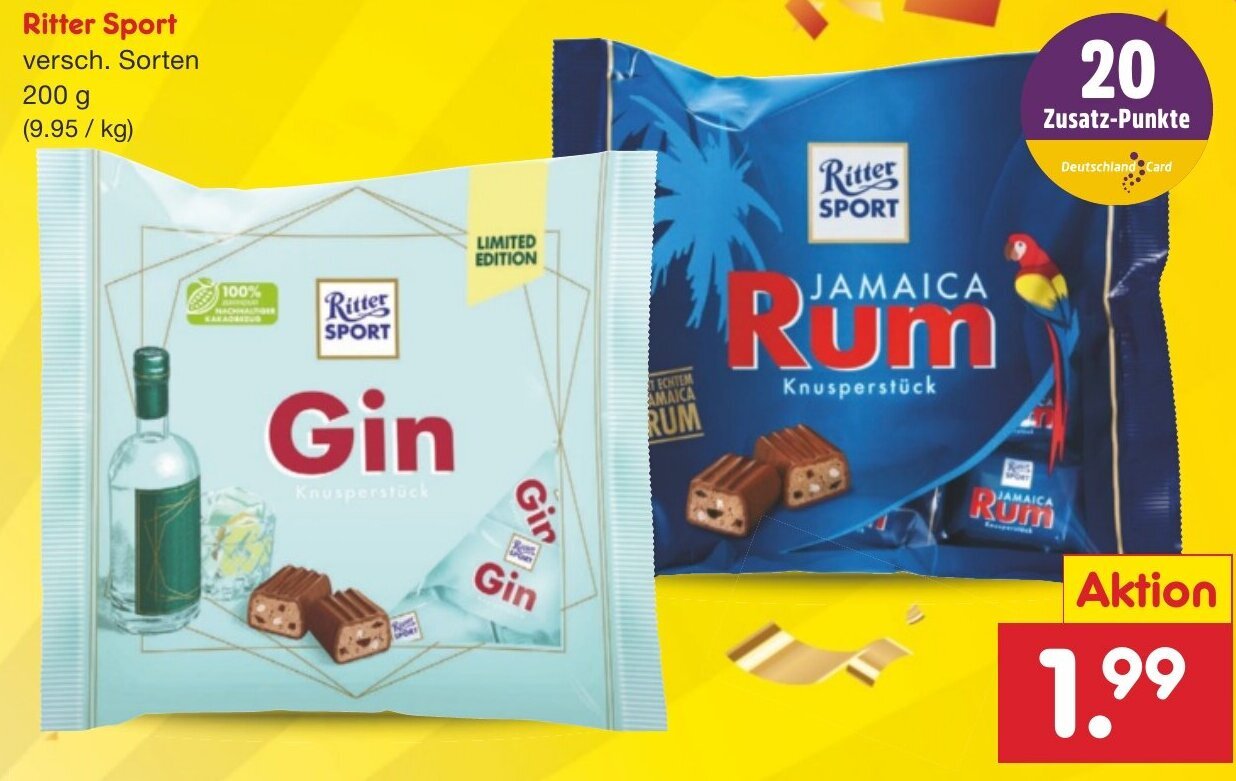 Ritter Sport Gin oder Jamaica Rum 200 g Angebot bei Netto Getränke Discount