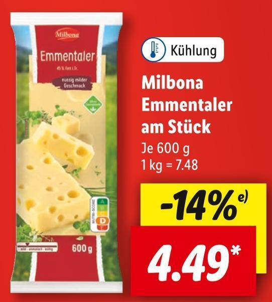 Milbona emmentaler am stück Angebot bei Lidl