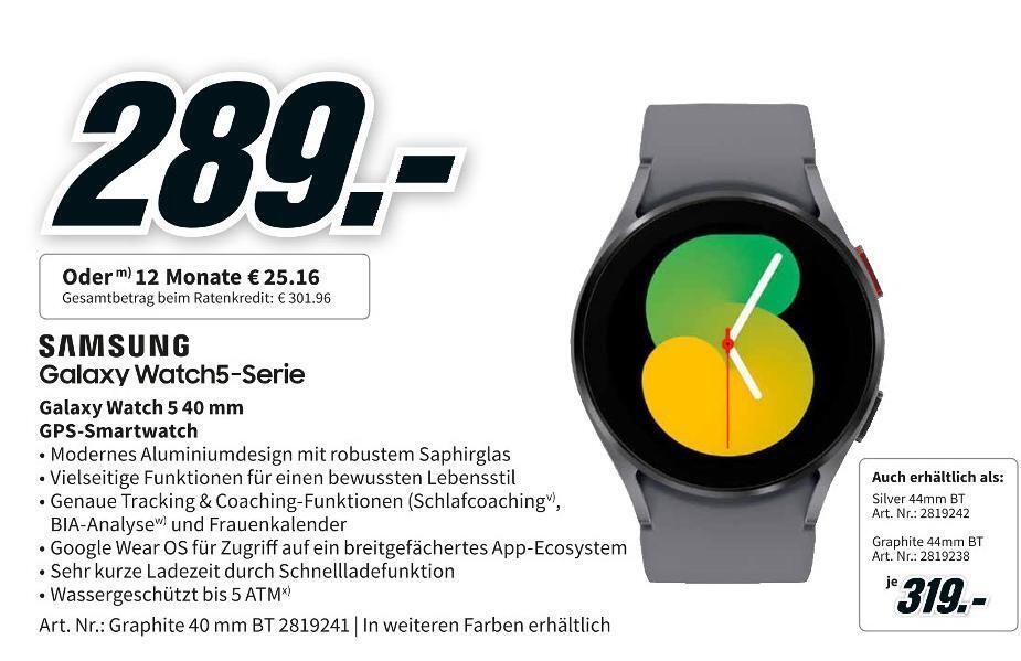 Samsung gpssmartwatch galaxy watch 5 40 mm Angebot bei MediaMarkt