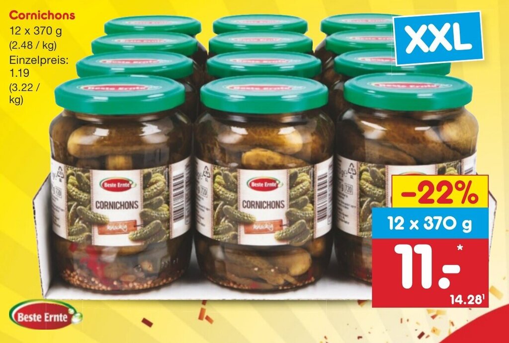 Beste Ernte Cornichons 12 x 370 g Angebot bei Netto Getränke Discount