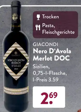 Aldi Süd Giacondi Nero d'Avola Merlot DOC 0,75 L Flasche Angebot
