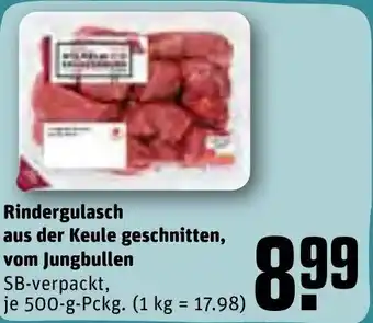 REWE Rindergulasch aus der Keule geschnitten, vom Jungbullen 500 g Pckg. Angebot