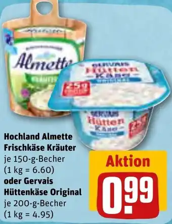 REWE Hochland Almette Frischkäse Kräuter 150 g oder Gervais Hüttenkäse Original 200 g Becher Angebot