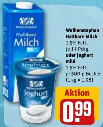 REWE Weihenstephan Haltbare Milch 1 L Pckg. oder Joghurt mild 500 g Becher Angebot