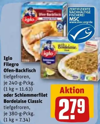 REWE Iglo Filegro Ofen Backfisch 240 g oder Schlemmerfilet Bordelaise Classic 380 g Pckg. Angebot