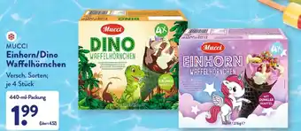 Aldi Nord Mucci Einhorn/Dino Waffelhörnchen 440 ml Packung Angebot