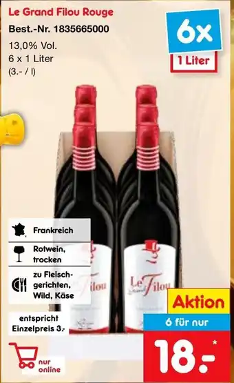 Netto Marken-Discount Le Grand Filou Rouge 6*1L Angebot