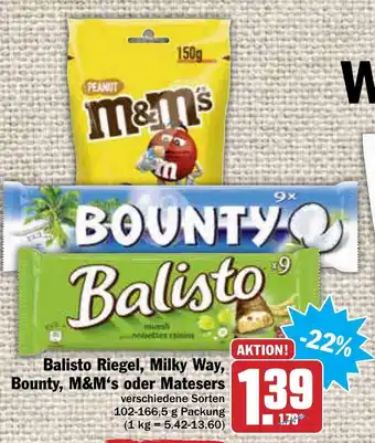 AEZ Balisto Riegel, Milky Way, Bounty, M&M's oder Matesers 102-166,5g Angebot