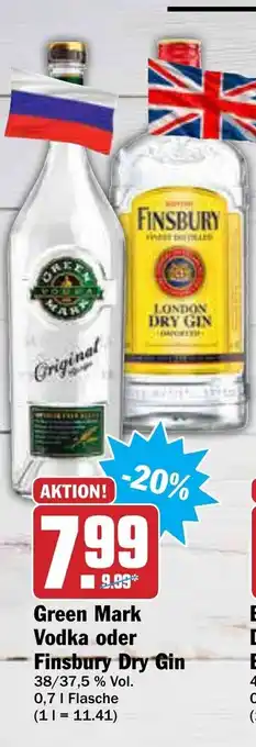 AEZ Green Mark Vodka oder Finsbury Dry Gin 0,7L Angebot