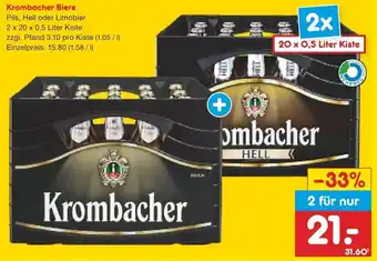 Netto Getränke Discount Krombacher Biere Pils, Hell oder Limobier 2 x 20 x 0,5 Liter Kiste Angebot