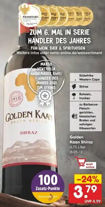 Netto Getränke Discount Golden Kaan Shiraz 0,75 Liter Angebot