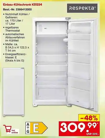 Netto Marken-Discount Einbau-kühlschrank ks1224 respekta Angebot