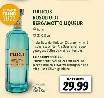 Lidl Italicus rosolio di bergamotto liqueur Angebot