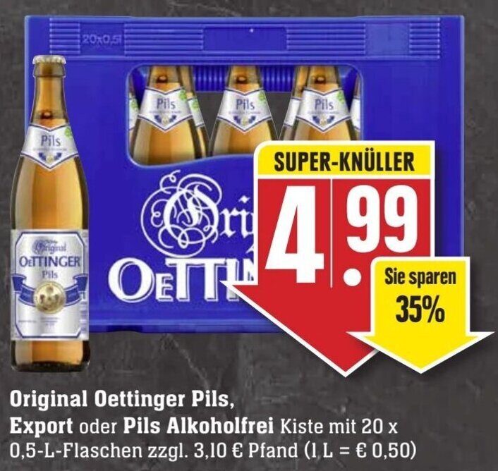 Original Oettinger Pils, Export oder Pils Alkoholfrei 20x0,5L Angebot