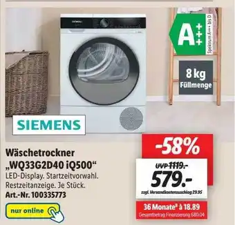 Lidl Siemens wäschetrockner wq33g2d40 iq500 Angebot