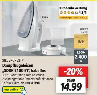 Lidl Silvercrest dampfbügeleisen „sdbk 2400 e1” kabellos Angebot