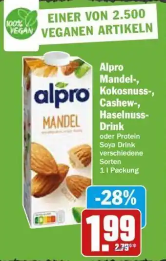 Hit Alpro Mandel, Kokosnuss, Cashew, Haselnuss Drink oder Protein Soya Drink 1 L Packung Angebot