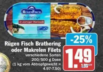 Hit Rügen Fisch Brathering oder Makrelen Filets 200/500 g Dose Angebot