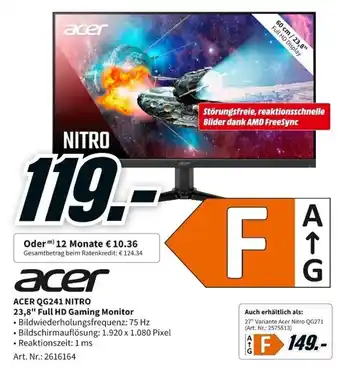 MediaMarkt Acer QG241 Nitro 23,8" Full HD Gaming Monitor Angebot