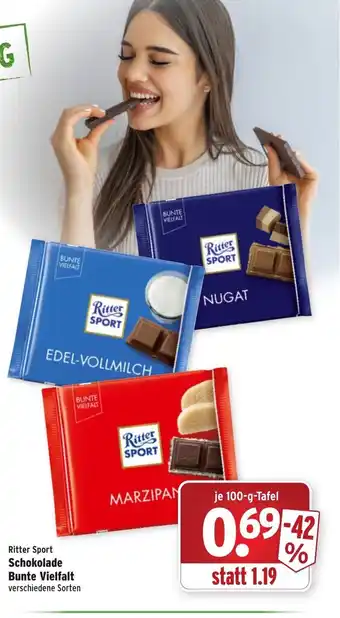 Wasgau Ritter sport Schokolade Bunte Vielfalt 100g Angebot