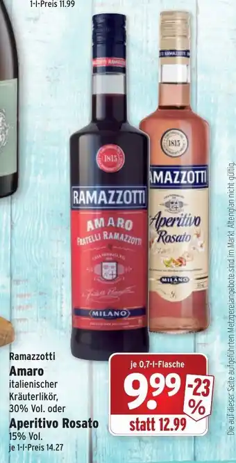 Wasgau Ramazzotti Amaro oder Aperitivo Rosato 0,7 L Angebot