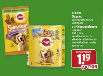 Wasgau Pedigree Snacks  oder Hundenahrung classic 800g Angebot