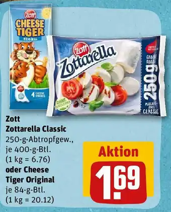 REWE Zott Zottarella Classic 400g o. Cheese Tiger Original 84g Angebot