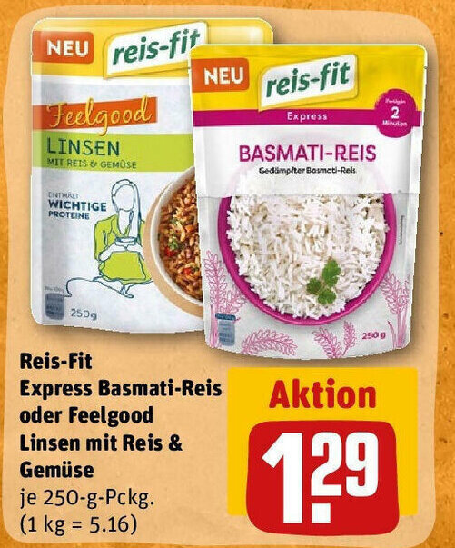 ReisFit Express BasmatiReis o. Feelgood Linsen mit Reis & Gemuse 250g